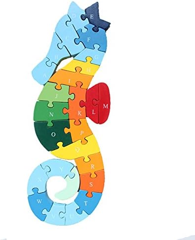 DOUYYE Educational Preschool Wooden Block Shape Jigsaw Puzzles - Hippocampus, Birthday Gift Toys for Age 3 4 5 6 7 8 Years Old and Up Boys and Girls Toddlers Kids Children