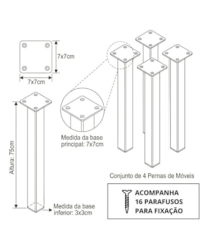 Cannes Pés de Mesa Industrial, 75 cm, Aço Carbono Preto Fosco, Alta Resistência, Suporta 80 kg por Unidade, Conjunto com 4