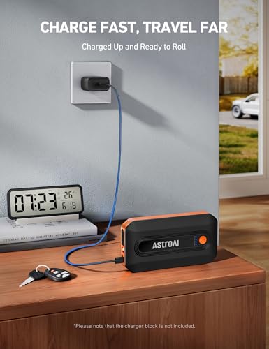 AstroAI B8 Car Jump Starter 3000A Peak for Up to 9L Gas/7L Diesel Engines, Portable Battery Booster Pack with 10 Protections, 18W Quick Charger Power Pack, 3-Mode LED Light, and Jumper Cables, Orange