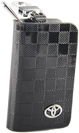 Key chain Bag black Checkerboard pattern Genuine Leather Ring Holder Case Car Auto Coin Remote Smart Key cover Fob Alarm Security Zipper keychain Wallet Bag (Toyota)
