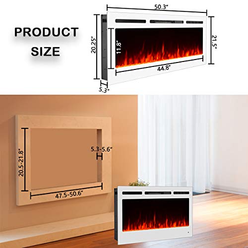 YODOLLA 50" White Electric Fireplace Insert,Touch Screen Control Panel & Remote Control, 750-1500W Heater with Timer & 3 Flames