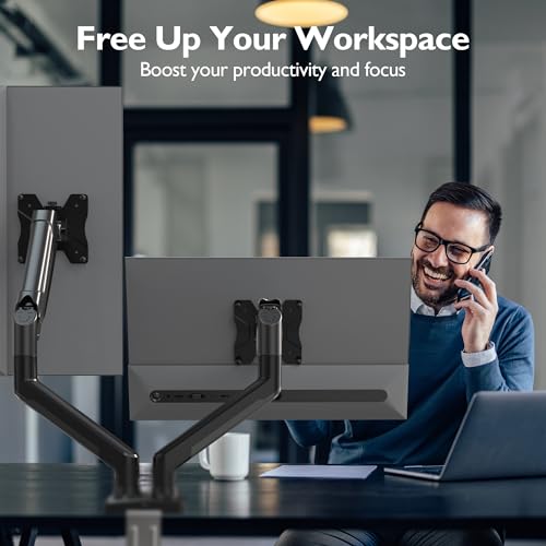 BONTEC 2 x Articulated Gas Spring PC Monitor Arm, Dual PC Monitor Arm Compatible with 13-32 Inch Monitors, Capacity 3-9 kg, Rotation 360°, Tilt ±90°, Pivot±90°, VESA 75/100 mm