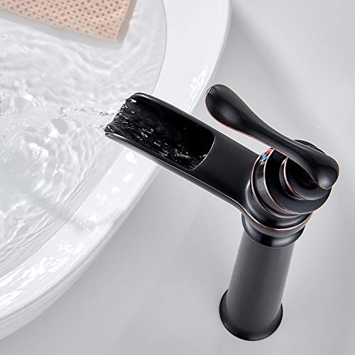 HOROW Oil Rubbed Bronze Bathroom Vessel Sink Faucet Waterfall Singe Handle One Hole Basin Mixer Tap Tall Body