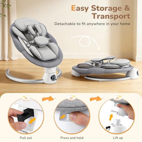 Hamaca Eléctrica para Bebé con Mando a Distancia y App,Mecedora con 5 Velocidades de Balanceo,3 Temporizadores,Arnés de 5 Puntos,2 Posiciones del Asiento,Silla Mecedora para 0-9 kg de Bebé-Gris