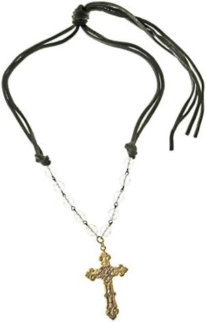 Brass Baroque Scroll Style Cross on Crystal and Black Leather Tie Nicklace