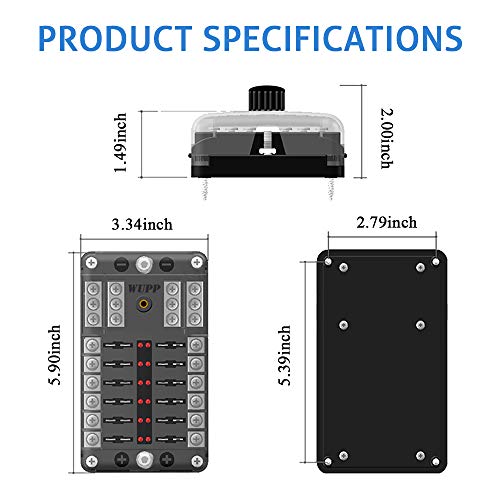 WUPP 12 Volt Fuse Block, Marine Boat Fuse Block Waterproof 12 Way