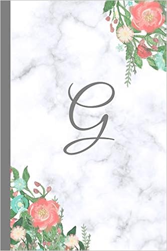 G Letter G Monogram Floral Marble Journal Pretty Pink Flowers On Elegant White Grey Marble Notebook Cover Stylish Gray Personal Name Initial 6x9 Ruled Diary Perfect Bound Glossy Soft Cover