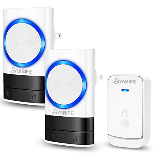 Wireless Doorbell, Plug in Door Bell 2 Receivers 1 Push Button Cordless, IP44 Waterproof Door Chime, 500-1000ft Range, 4 Levels Volume, 45 Ringtones (12V 23A Battery)