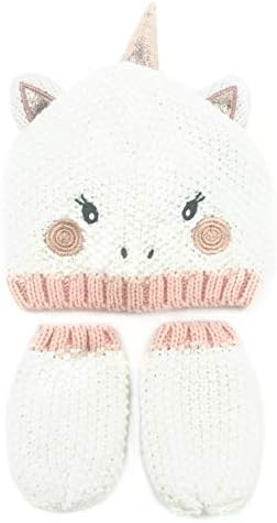 accsa Baby Girl Lovely Pink Unicorn Beanie Hat + Mitten Set for New-Born to 9 Month
