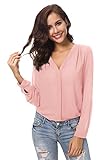 Womens V Neck Long Sleeve Ruffled Shoulder Solid Chiffon Blouse (XL, Pink)