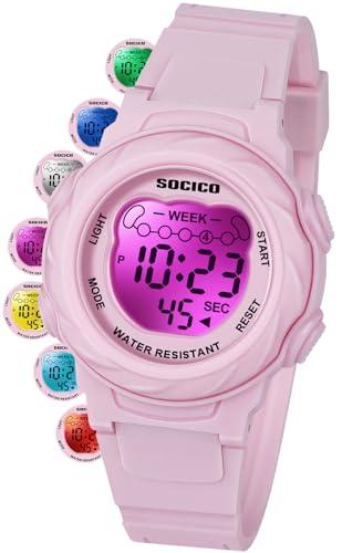 SOCICO Kids Digital Watches for Girls Boys, 5ATM Waterproof, 7 Color Lights Waterproof Watches for Kid with Alarm Stopwatch, Soft Band Wrist Watch Christmas Gifts for Kids Ages 5-12