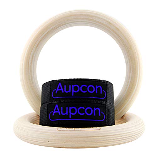 AUPCON Wooden Gymnastics Rings with Heavy Duty Adjustable Straps - Olympic Gym Ring for Strength Training, Workout, Bodybuilding, Cross Training, Fitness, Pull-Ups and Dip 1.25 in