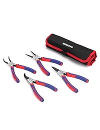 Juego de 4 alicates de anillo de presión WORKPRO   Kit de alicates de clip interno y externo de 7 pulgadas   Pajarita de rejilla   curvada   Acero Cr V   para retenedor de anillos   bolsa de almacenamiento incluida