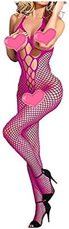 FunnnyRabbbit Women Sexy Lace Fishnet Lingerie Crotchless Bodysuit Bodystocking Sleepwear (One size fits most, RRose)