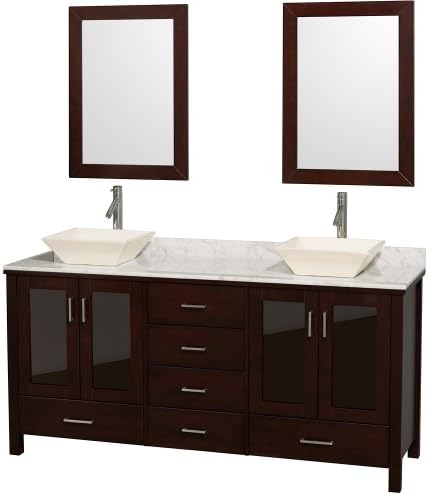 Wyndham Collection Lucy 72 inch Double Bathroom Vanity in Espresso, White Carrara Marble Countertop, Pyra Bone Porcelain Sinks, and 24 inch Mirrors