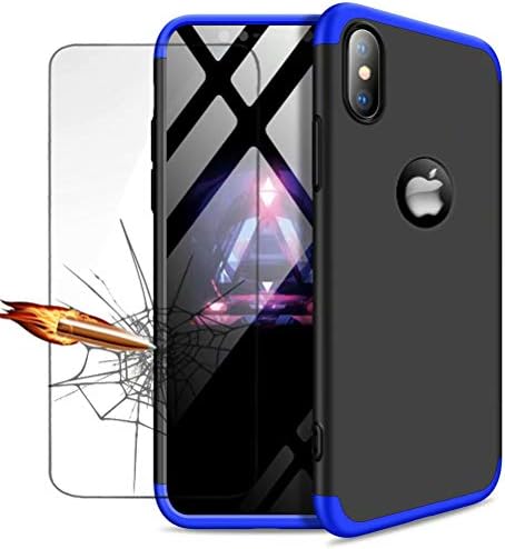 iphone X Case,iphone XS Case Lanpangzi TPU Silicone 3 in 1 Combination Ultra Slim Cover with [Tempered Glass Screen Protector] Scratch-resistant Protective Case - Blue and Black