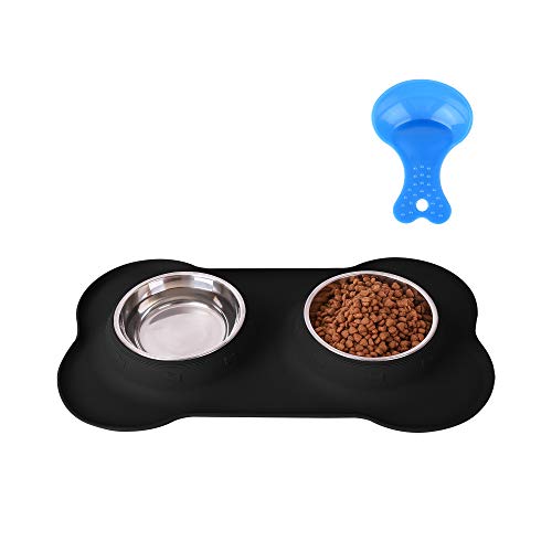 Hubulk Pet Dog Bowls 2 Stainless Steel Dog Bowl with No Spill Non-Skid Silicone Mat + Pet Food Scoop Water and Food Feeder Bowls for Feeding Small Medium Large Dogs Cats Puppies (M, Black)