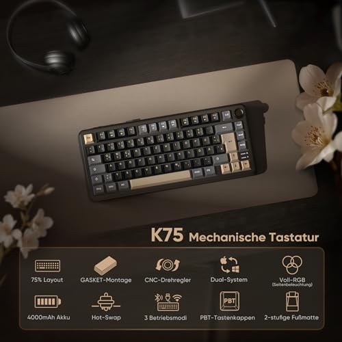 RedThunder K75 Wireless Mechanical Gaming Keyboard with German QWERTZ Layout 81 Keys, 3-Mode BT/2.4GHz/USB-C, RGB, 5-Layer Damping Structure, Hot-Swap, 4000mAh Battery, for Windows, Mac, Xbox