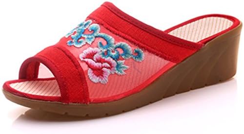 Qhome Women's Chinese Floral Embroidery Comfortable Net Yarn Casual Mules Wedge Slippers Shoes