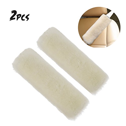 Carrep 2Pcs Adjust Soft Artificial Sheep Wool Seat Belt Pillow, Car Seat Belt Covers Headrest Neck Support for Children Adult Universal (White)