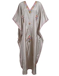 Womens Kaftan Boho Dresses Beige Kashmiri Embroidered Caftan Hippie House Dress