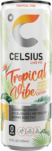 CELSIUS SPARKLING TROPICAL VIBE, FUNCTIONAL ESSENTIAL ENERGY DRINK, 12 FL OZ