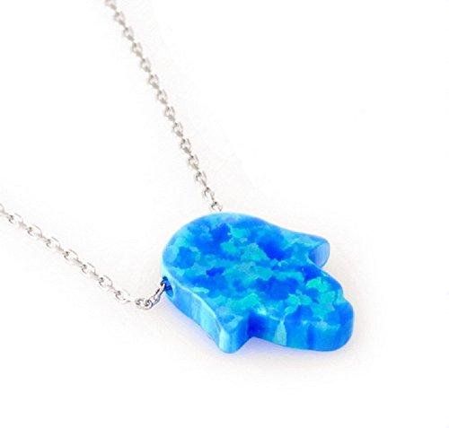 Blue Opal Hamsa Hand Pendant Necklace with 925 Silver Chain 18