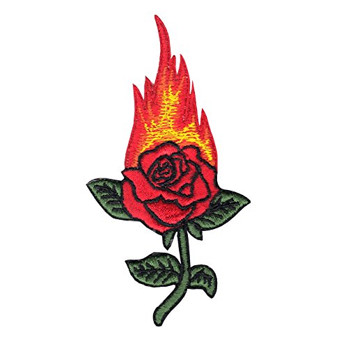 Rose On Fire Motif Iron On Embroidered Applique Patch
