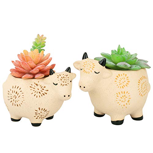 Ceramic Cattle Succulent Planter Pots Cute Animal Rough Pottery Indoor Flower Plant Pots, Home