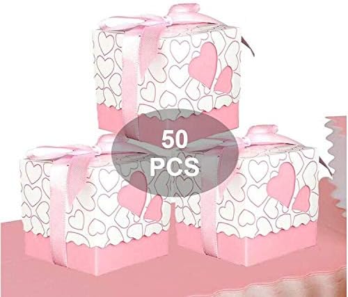 Party Favour Heart Box for Sugar Coated Almonds, Place Holder Gift Box with Satin Ribbon 50 Pieces (Pink)
