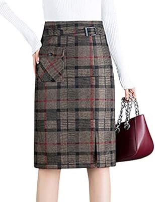 Tanming Women's Casual Side Zipper High Waist Plaid A-Line Knee Length Wool Skirt