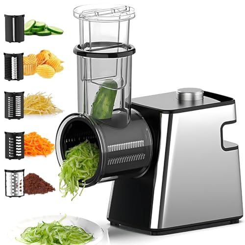 5 in 1 Electric Slicer Shredder, Electric Cheese Grater Salad Maker with 5 Stainless Steel Blades Professional Salad Machine for Fruits Vegetables Cheeses Garlic Onion Food Chopper, Restaurant Kitchen