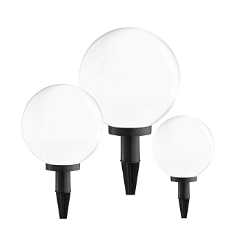 Kugelleuchten 3er Set 30+40+50 cm mit Erdspieß, 5m Kabel Zuleitung, opal weiß, Kunststoff LED tauglich E27, IP44 Aussenleucht