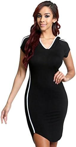 NY Closet Women's Casual Short Sleeve Hoodie T-Shirt Dress With round Cut Bottom (MEDIUM, BLACK) Apparel