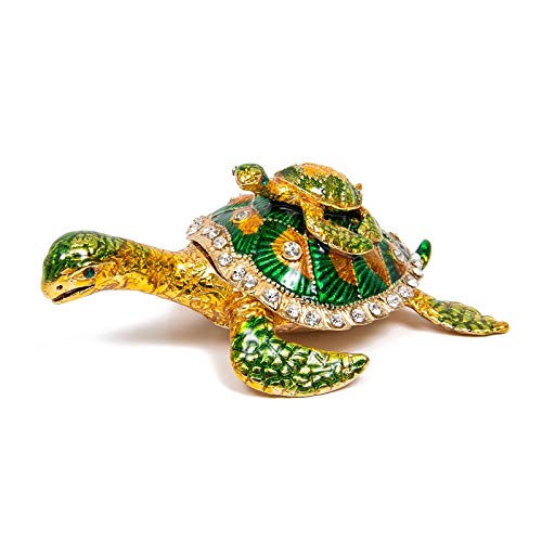 QIFU Hand Painted Sea Turtle Shape Enamel Trinket Box With Rich Enamel And Sparkling Rhinestones