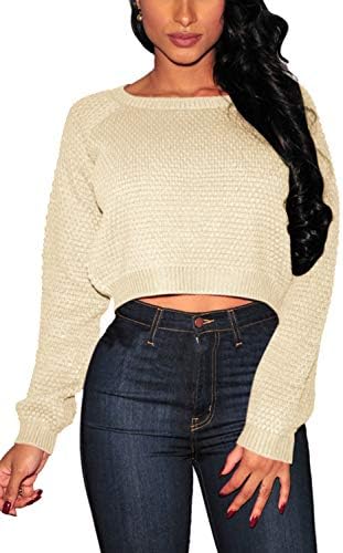 Fixmatti Women Pullover Long Sleeve Cropped Knit Sweaters Tops