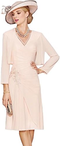dressvip Pink V-Neck Knee Length Chiffon Formal Dresses with Long Sleeves Jacket