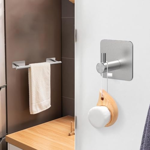 Self-Adhesive Towel Rail, 5-Piece Bathroom Accessories Kit, 16 inch/40cm Wall-Mounted Towel Holder, Toilet Paper Holder and 3 Towel Hooks, 304 Stainless Steel, Bath Hardware Hand Towel Bar