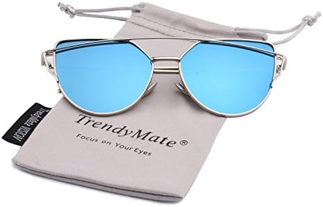 TrendyMate-Womens Street Fashion Metal Twin Beam Flat Mirror Lens Cat Eye Sunglasses … (Silver / Blue, 57mm)