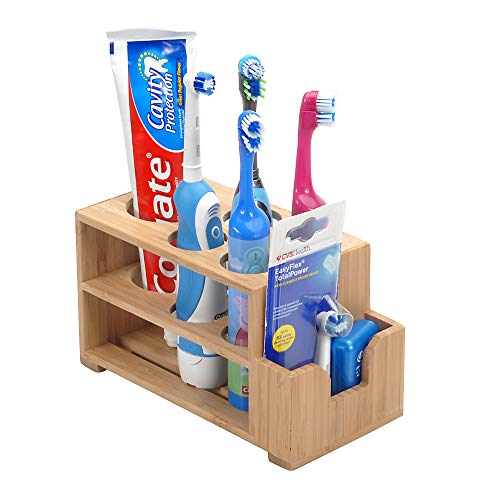 MobileVision Toothbrush & Toothpaste Holder w/Wider Slots for Electric Toothbrushes Plus Floss Holder for Bathroom Vanity Storage Bamboo, 5 Slots - Thumbnail 7