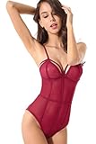 Mflying Women's Sexy Lace Deep V Neck Backless Mesh Bodysuit Thong Lingerie (Large, Wine Red)