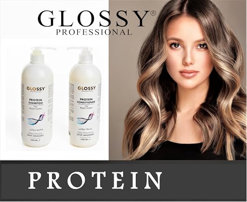 Glossy Professional Shampoo & Conditioner, Natural, Sulphate Free, Deep Cleaning & Hydrating Treatment, After Straightening, Unisex For Daily Use 1000 ML Set of 2 Pce (Protein Shampoo & Conditioner)
