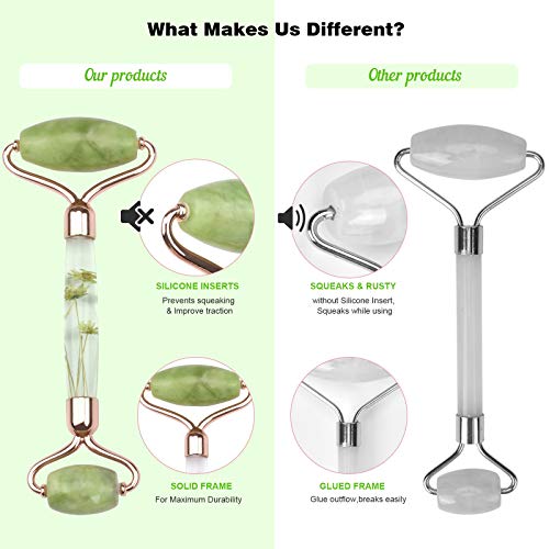 Jade Roller for Face Massage, Noiseless Facial Beauty Roller, Anti Aging Face Roller for Puffiness, Real Flower Infused Handle (Green)