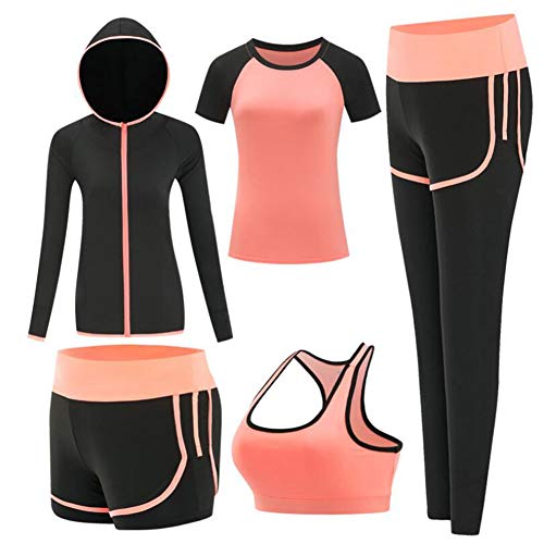 ZETIY Women's Activewear Set 5 Piece Yoga Jogging Workout Clothes Athletic Tracksuits (Large, Orange) - Thumbnail 5