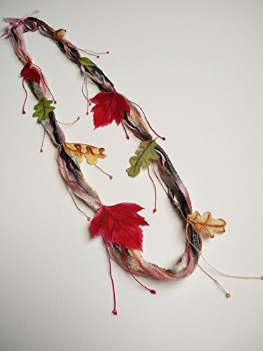 Long fabric necklace with fabric ribbons and flowers - Fuchsia and green - Handmade textile jewelry - by Evelyn Soto