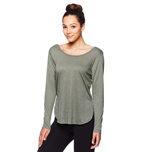 Gaiam Women's Strappy Open Back Yoga Shirt - Long Sleeve Activewear Top w/Side Slits - Gianna Dusty Olive, X-Large