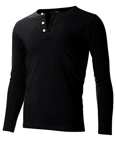 FLATSEVEN Men's Slim Fit Casual Long Sleeve Henley T Shirt (THL100) Black, L