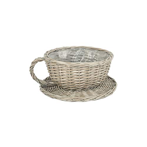 Antique Wash Willow Tea Cup and Saucer Basket Plant Pot Holder Indoor Outdoor Planter