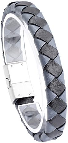 Jusnova Braided Leather Bracelet Bangle for Men Women Stainless Steel Magnetic Clasp 8.8 Inches Gray &amp; Black