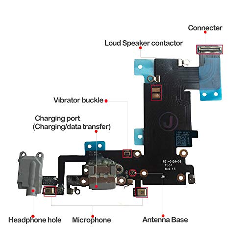 Johncase Charging Port Dock Connector Flex Cable w/Microphone + Headphone Audio Jack Port Ribbon Replacement Part Compatible iPhone 6s Plus 5.5" All Carriers (Black/Space Gray)
